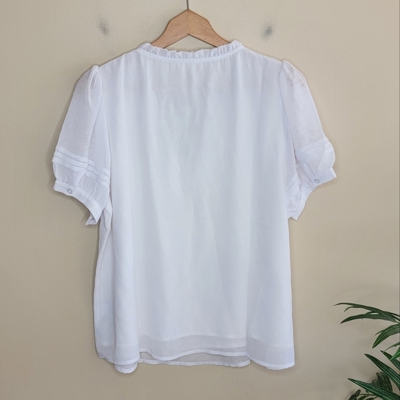 NWT ee:some White Short Sleeve Blouse with Ruffle Collar & Tie Neck Size Medium - Picture 4 of 4